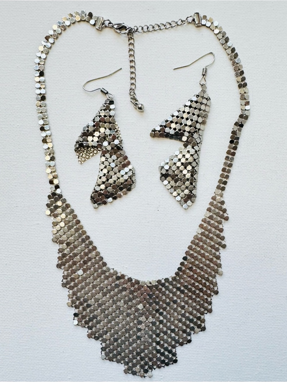 Vintage Chainmail Necklace Earrings Set 19" Necklace Women's Silver Tone